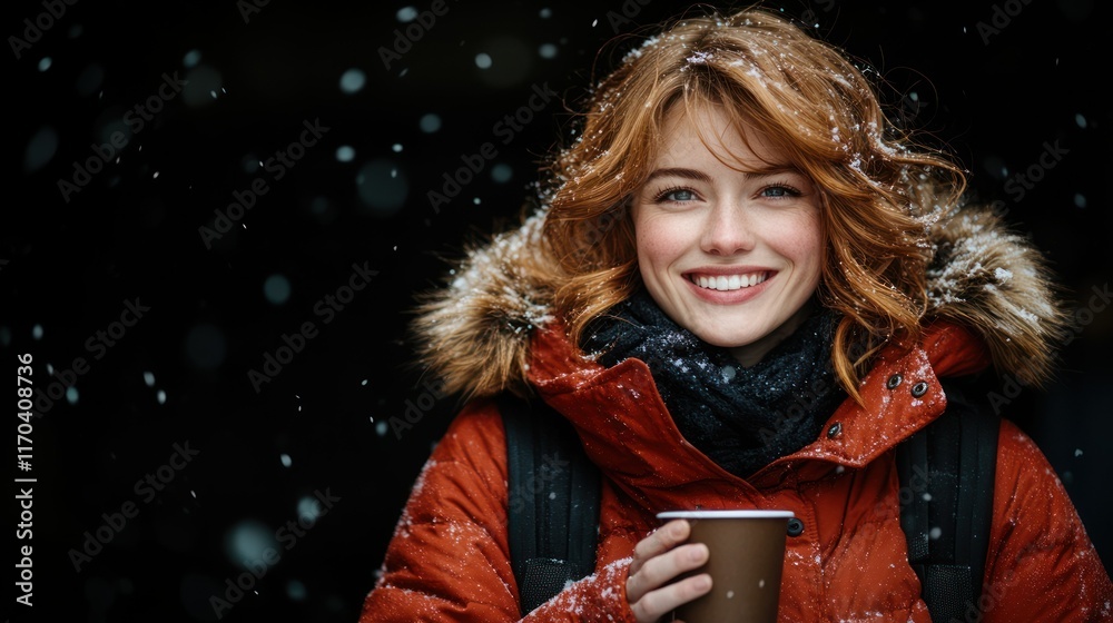 Smiling woman in winter coat holding a warm drink.
