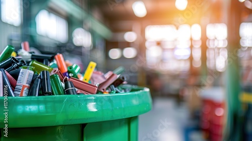 Wallpaper Mural Close-up of a green recycling bin filled with various used batteries in a modern recycling facility, showcasing environmental sustainability and responsible waste management practices. Torontodigital.ca