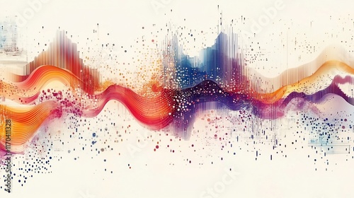 Abstract data waves, city skyline, digital art photo