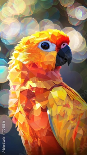 Bright low poly sun conure portrait with radiant orange and yellow feathers, set against a playful bokeh background. 