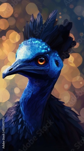 Bold low poly cassowary portrait with its striking blue head and black feathers, set against a subtle bokeh background