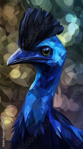 Wallpaper Mural Bold low poly cassowary portrait with its striking blue head and black feathers, set against a subtle bokeh background Torontodigital.ca