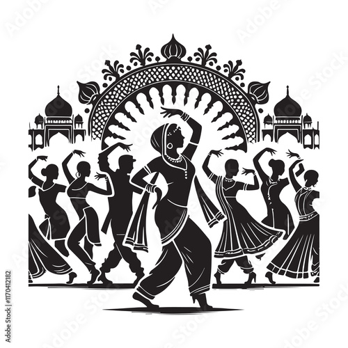 Bollywood Dance Silhouette Vector Illustration, Solid White Background.