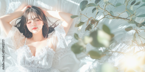 朝、寝起きにくつろぐ女性。写真風素材。