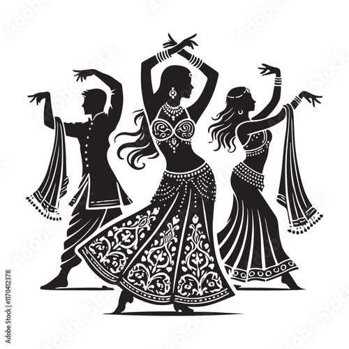 Bollywood Dance Silhouette Vector Illustration, Solid White Background.