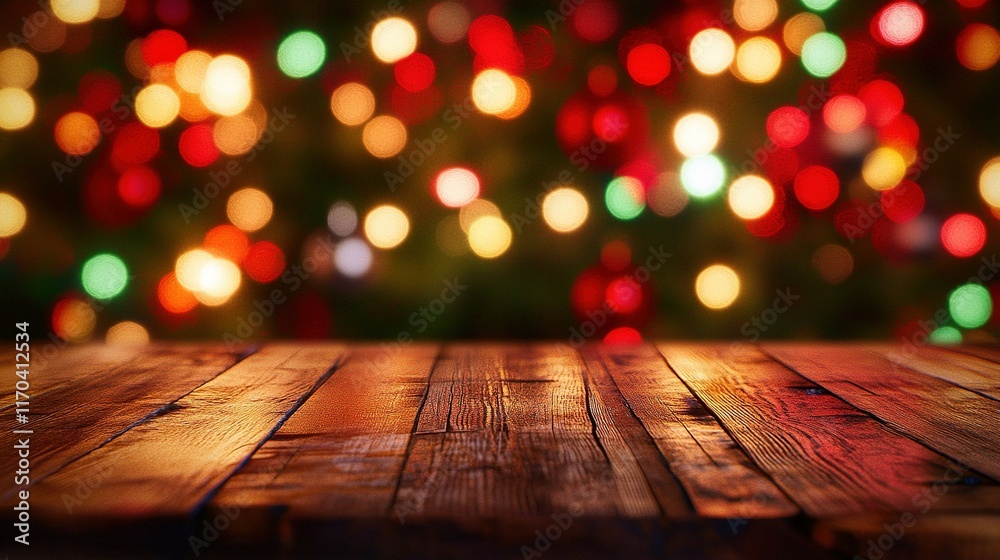 Polished wooden surface with red and green bokeh lights in the background, perfect for classic Christmas visuals Polished wooden surface with red and green bokeh lights in the background, perfect for classic Christmas visuals
