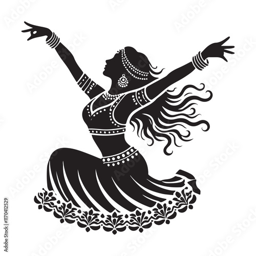 Bollywood Dance Silhouette Vector Illustration, Solid White Background.