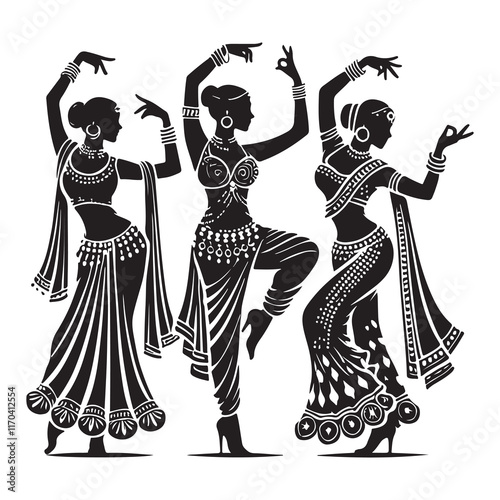 Bollywood Dance Silhouette Vector Illustration, Solid White Background.