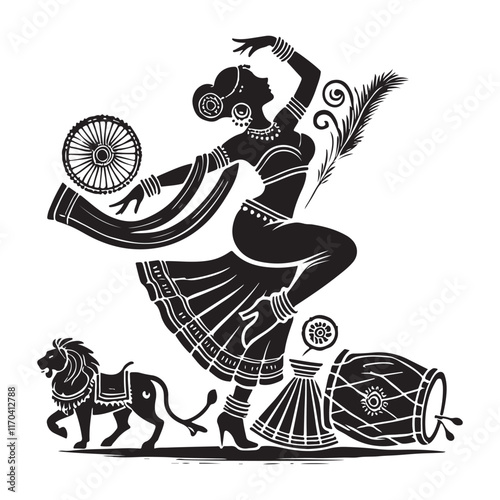 Bollywood Dance Silhouette Vector Illustration, Solid White Background.