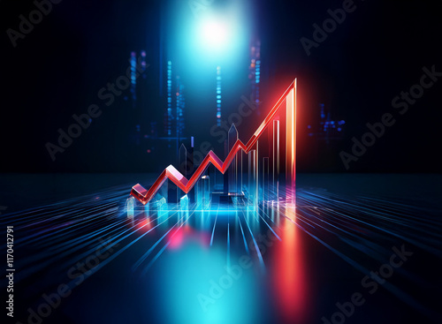 A red, upward trending graph glows brightly against a dark, futuristic background, symbolizing growth and progress in the digital age.  Light streaks emanate from it, adding to the dynamic feel. photo