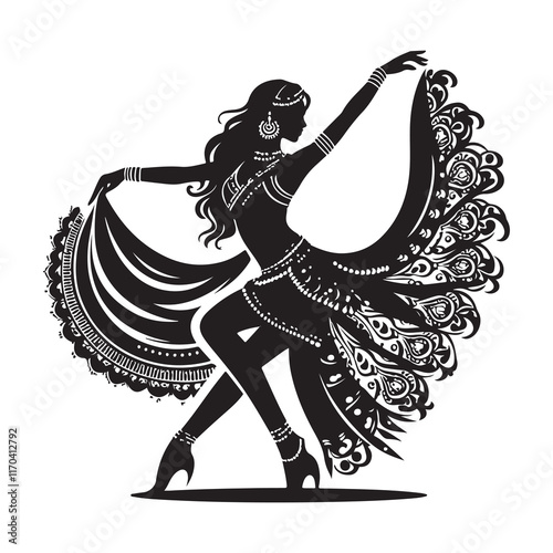 Bollywood Dance Silhouette Vector Illustration, Solid White Background.