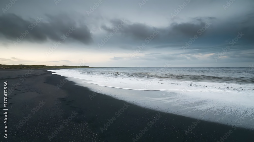 Sunrise on a rocky coast with mountains in the background Sunrise on a rocky coast with mountains in the background