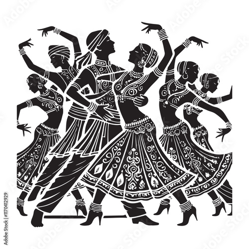 Bollywood Dance Silhouette Vector Illustration, Solid White Background.