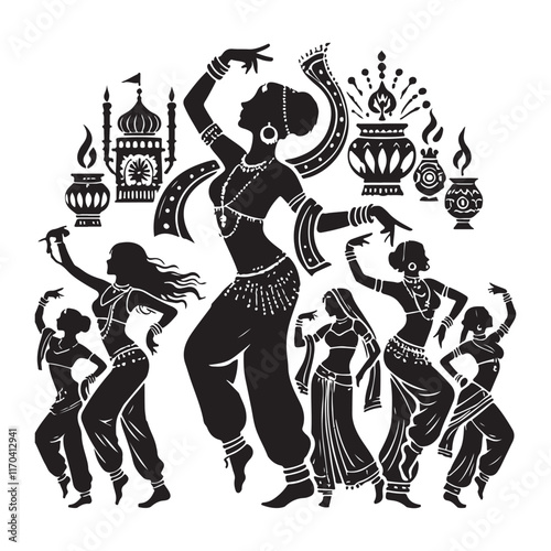 Bollywood Dance Silhouette Vector Illustration, Solid White Background.