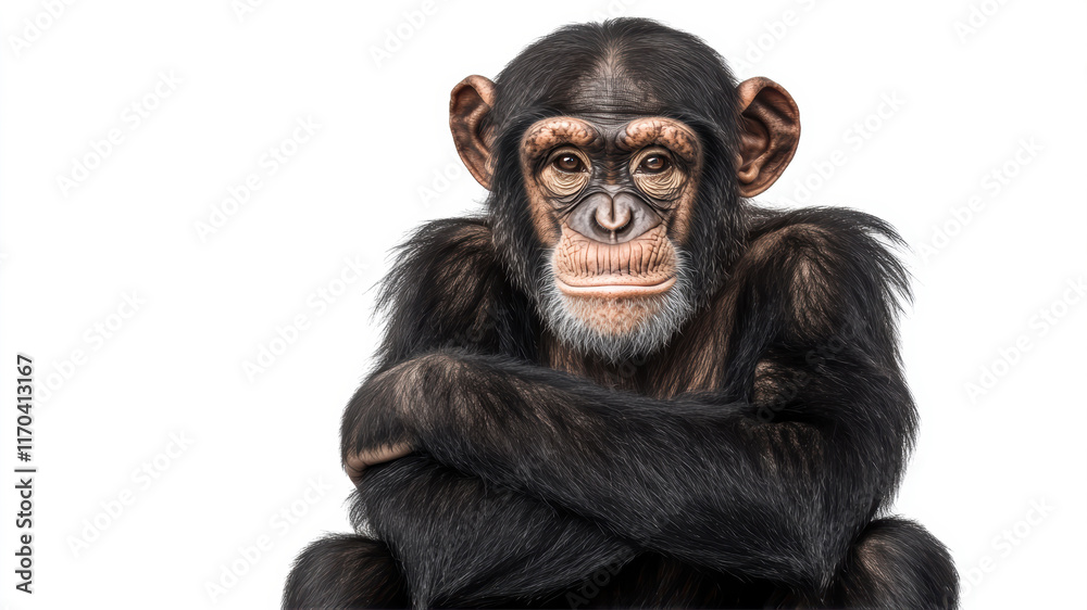 Chimpanzee Sits Thoughtfully With Crossed Arms, Showcasing a Moment of Reflection and Curiosity in Its Natural Expression Chimpanzee Sits Thoughtfully With Crossed Arms, Showcasing a Moment of Reflection and Curiosity in Its Natural Expression
