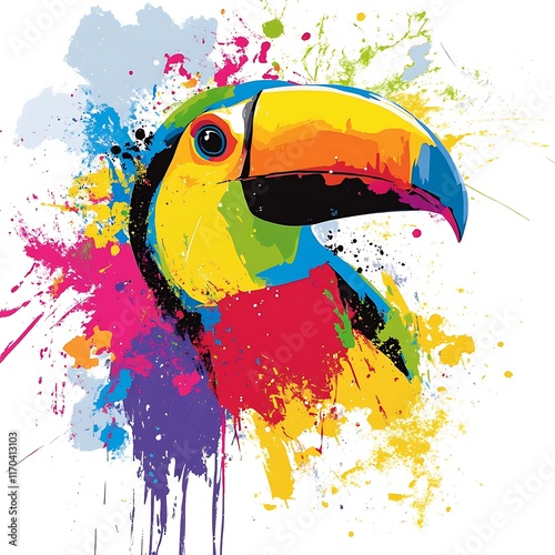 A colorful, artistic representation of a toucan's head with splashes. photo