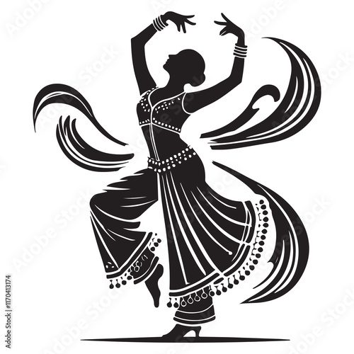 Bollywood Dance Silhouette Vector Illustration, Solid White Background.