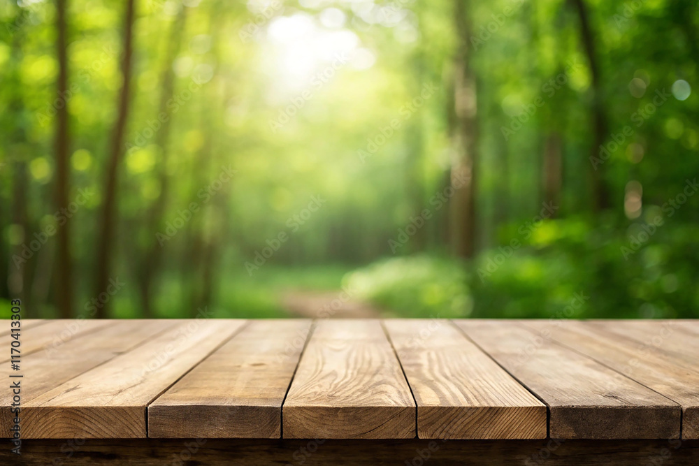 Wood table top on blurred green nature abstract background - can montage or display your products above Wood table top on blurred green nature abstract background - can montage or display your products above
