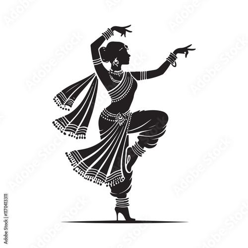 Bollywood Dance Silhouette Vector Illustration, Solid White Background.