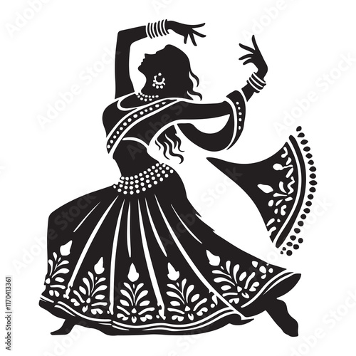 Bollywood Dance Silhouette Vector Illustration, Solid White Background.