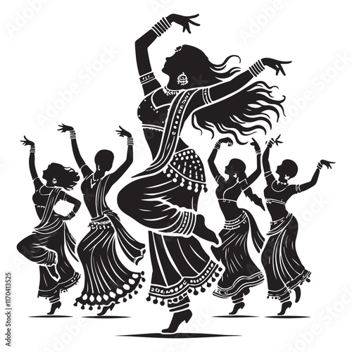 Bollywood Dance Silhouette Vector Illustration, Solid White Background.