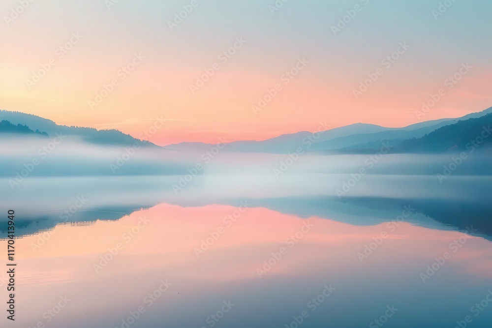 Fototapeta premium A serene lake at dawn, reflecting soft pastel colors and misty mountains.