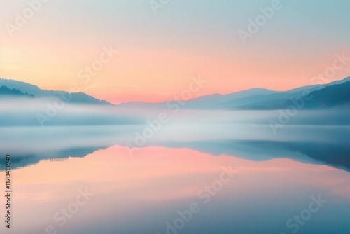 A serene lake at dawn, reflecting soft pastel colors and misty mountains.