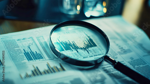 Detailed stock market analysis with magnifying glass highlighting financial data on rustic newspaper