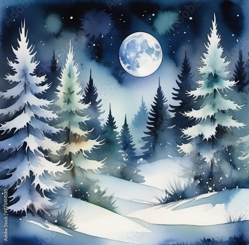 winter landscape with snow and full moon