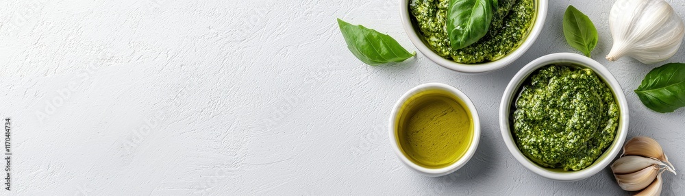 Fresh pesto ingredients including basil, garlic, and olive oil in white bowls on a textured surface. Fresh pesto ingredients including basil, garlic, and olive oil in white bowls on a textured surface.