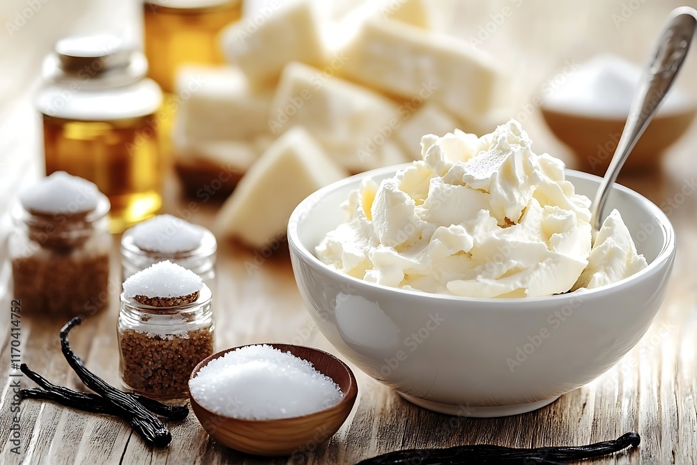 A bowl of cream cheese with a spoon, surrounded by small containers of sugar and vanilla extract, placed on a kitchen table A bowl of cream cheese with a spoon, surrounded by small containers of sugar and vanilla extract, placed on a kitchen table