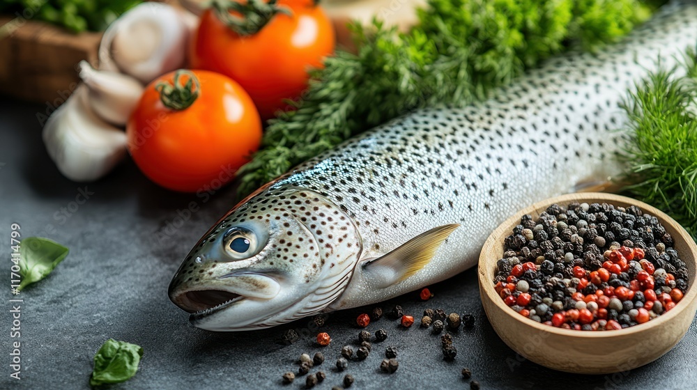 Fresh fish with vegetables and spices for cooking. Fresh fish with vegetables and spices for cooking.