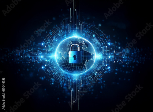 Wallpaper Mural A glowing blue orb, resembling Earth, is encircled by digital circuitry and a padlock, symbolizing global cybersecurity and data protection. Torontodigital.ca