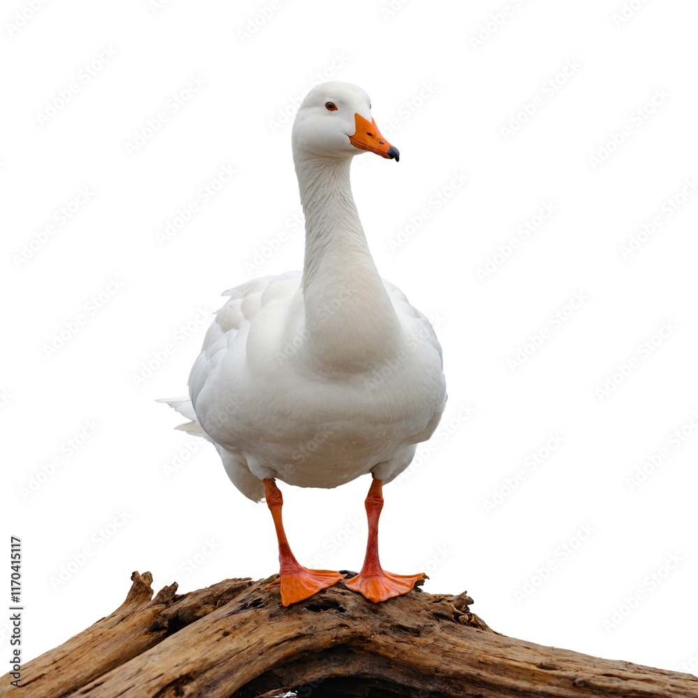 Obraz premium Snow Goose on piece of wood isolated on white background