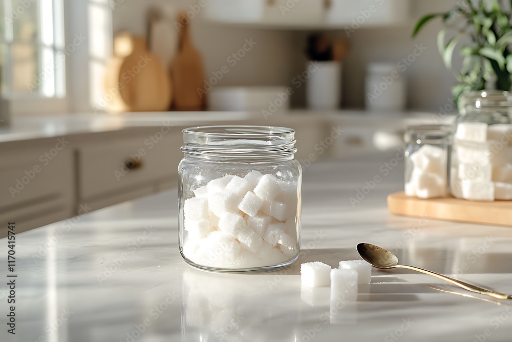 White sugar granules in a clear jar, placed on a kitchen countertop with sugar cubes and a vintage spoon next to it White sugar granules in a clear jar, placed on a kitchen countertop with sugar cubes and a vintage spoon next to it