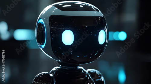 Futuristic Robot with Glowing Blue LED Eyes and Antenna in High-Tech Neon Setting – AI, Robotics, Technology Innovation, and Sci-Fi Themes photo