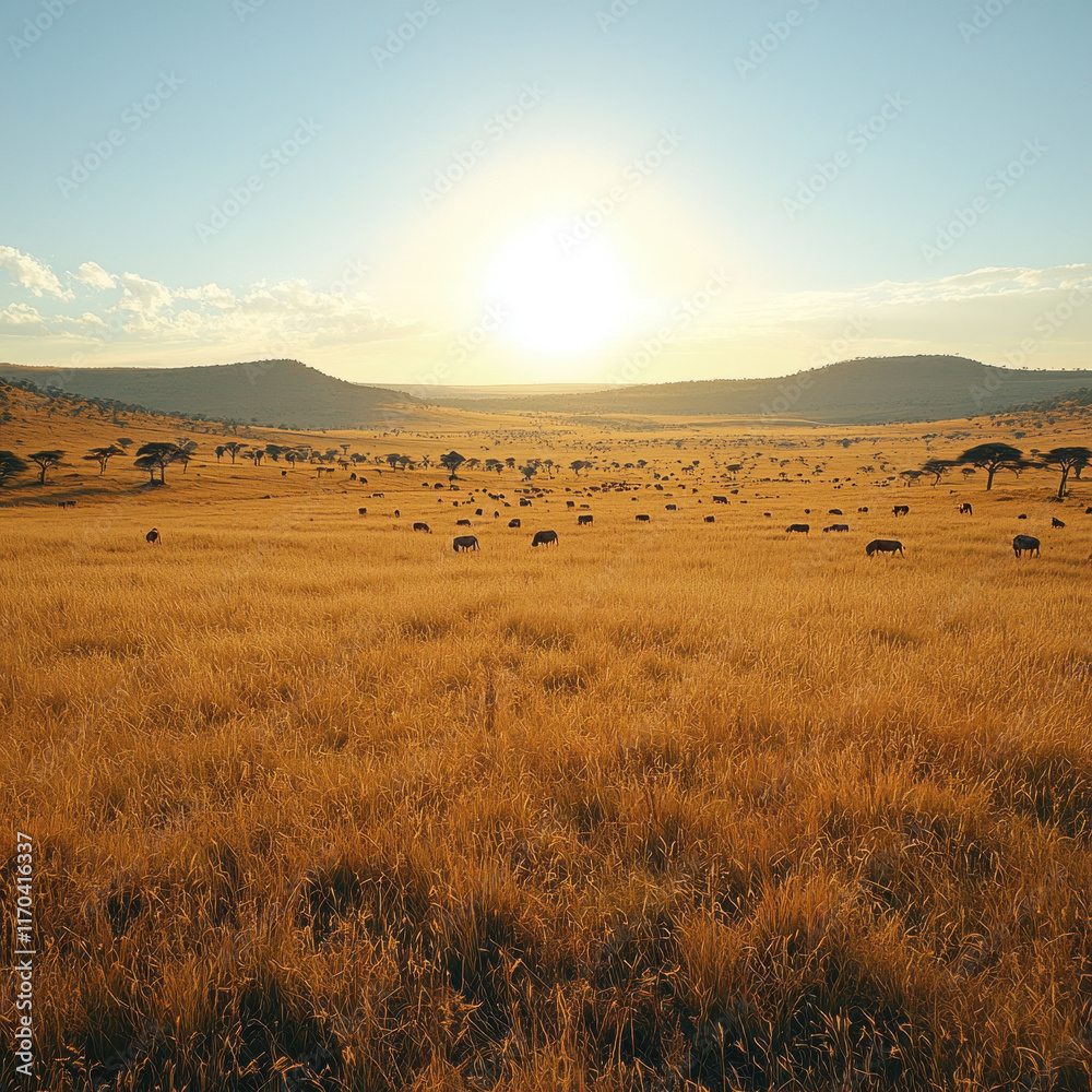 Golden savanna landscape at sunset with grazing animals. Golden savanna landscape at sunset with grazing animals.