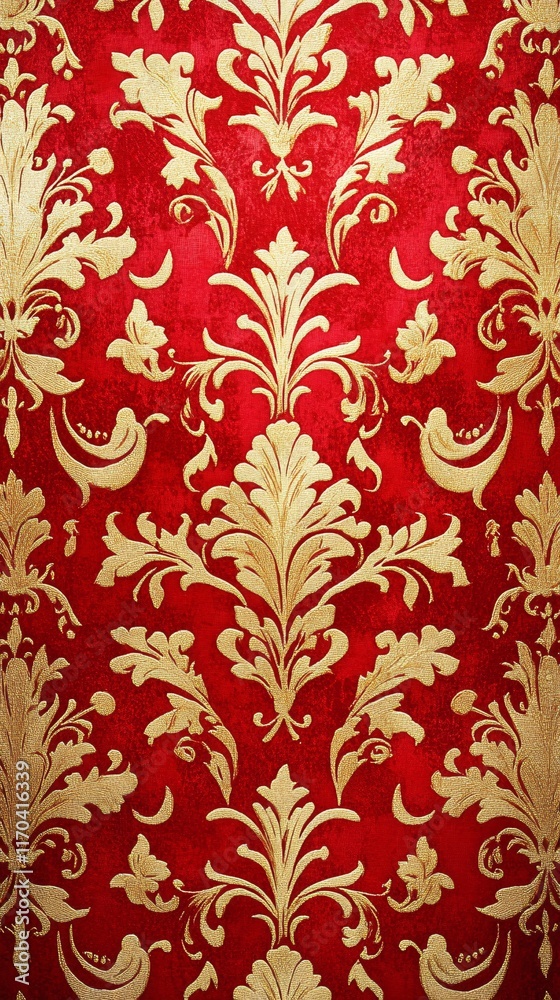 Intricate golden damask pattern on a rich red background, adding elegance to any decor. Intricate golden damask pattern on a rich red background, adding elegance to any decor.