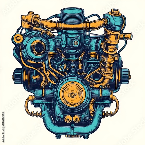 Detailed illustration of a mechanical engine with vibrant colors. photo