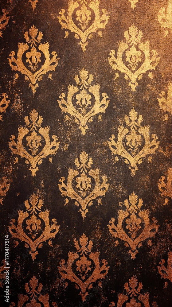 Elegant gold damask wallpaper pattern on a rich dark background. Elegant gold damask wallpaper pattern on a rich dark background.