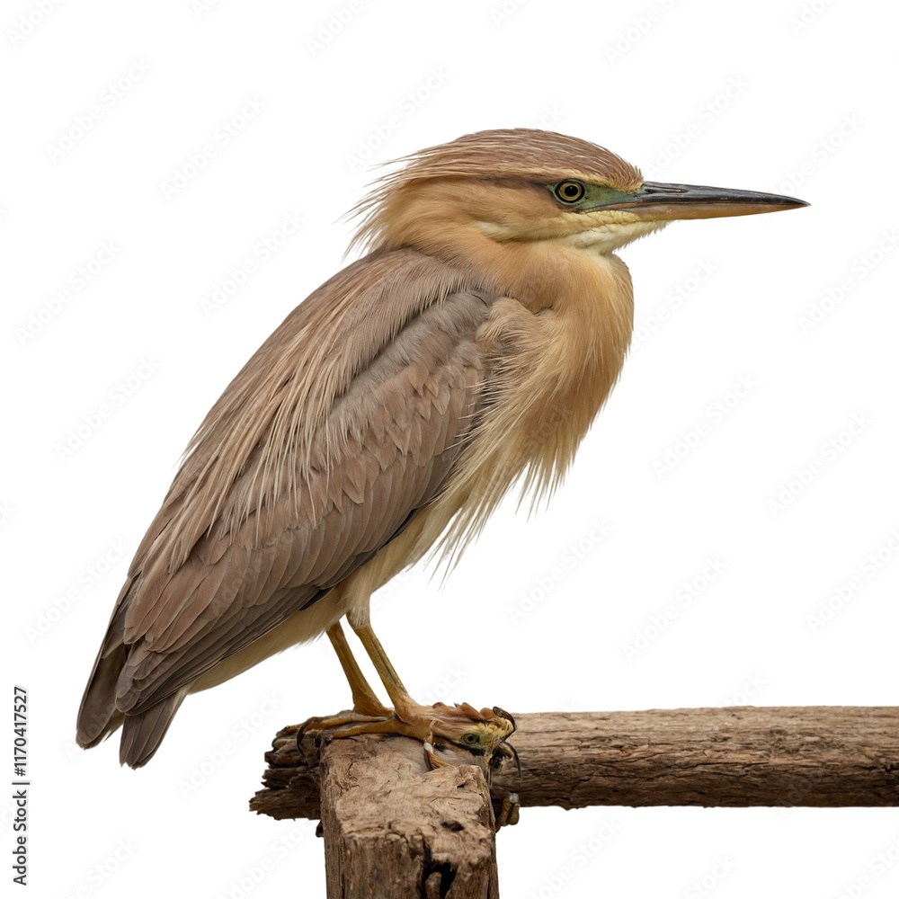 Fototapeta premium squacco heron restingon piece of wood isolated on white background