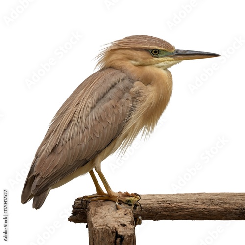 squacco heron restingon piece of wood isolated on white background photo