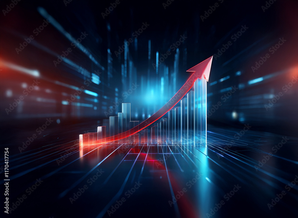 Fototapeta premium A vibrant, upward-trending graph, rendered in red and blue, symbolizes growth and progress within a futuristic, digital environment. The dynamic lines suggest speed and technological advancement.