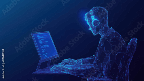 Low Poly Wireframe Freelance Developer Working on Desktop PC - 3D Polygonal Design - Computer Technology Vector Banner for Software Development