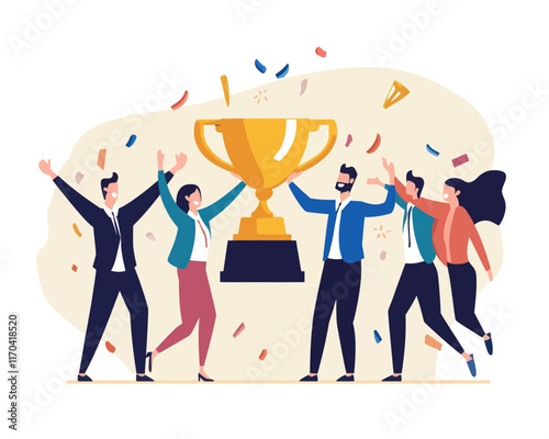 Joyful Business Team Celebrating Success with Trophy, Team Victory and Career Achievement in Flat Minimalist SVG Vector Art