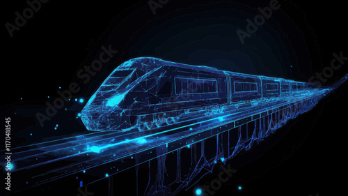 Futuristic Low Poly 3D High-Speed Train on Rail Bridge - Abstract Vector Artwork for Transport, Logistics, and Travel Concepts with Technology and Innovation Themes