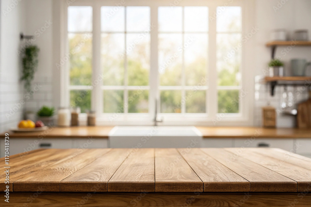 Empty wood table top on blur kitchen window background. For product or foods montage. Empty wood table top on blur kitchen window background. For product or foods montage.
