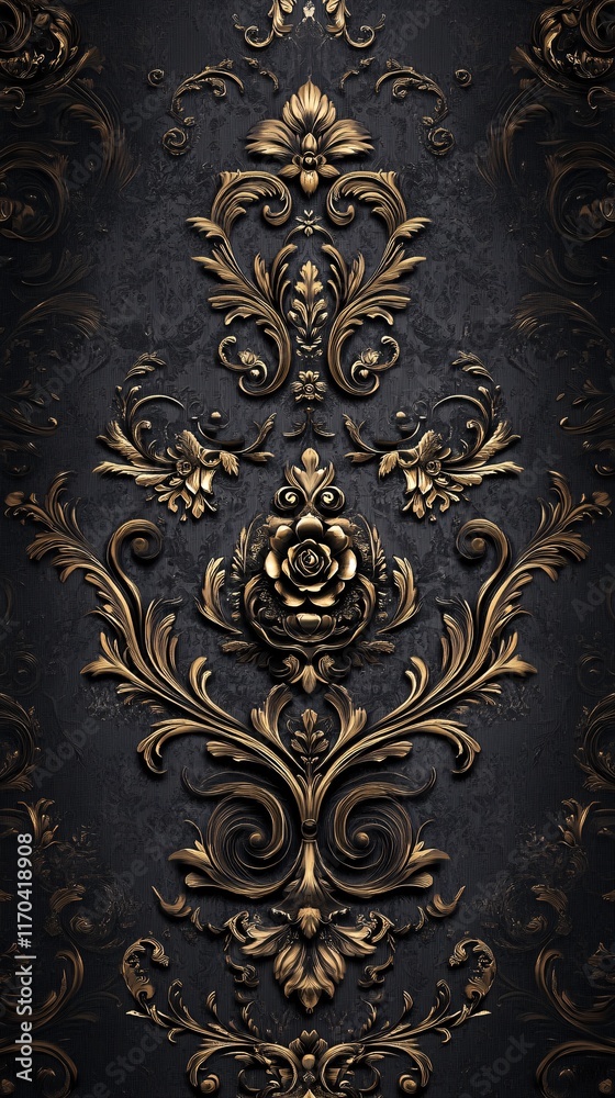 Elegant intricately designed golden floral patterns on a dark textured background. Elegant intricately designed golden floral patterns on a dark textured background.