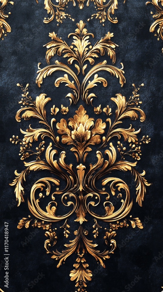 Intricate gold leaf floral pattern on a rich black background, showcasing elegant craftsmanship and luxurious design. Intricate gold leaf floral pattern on a rich black background, showcasing elegant craftsmanship and luxurious design.
