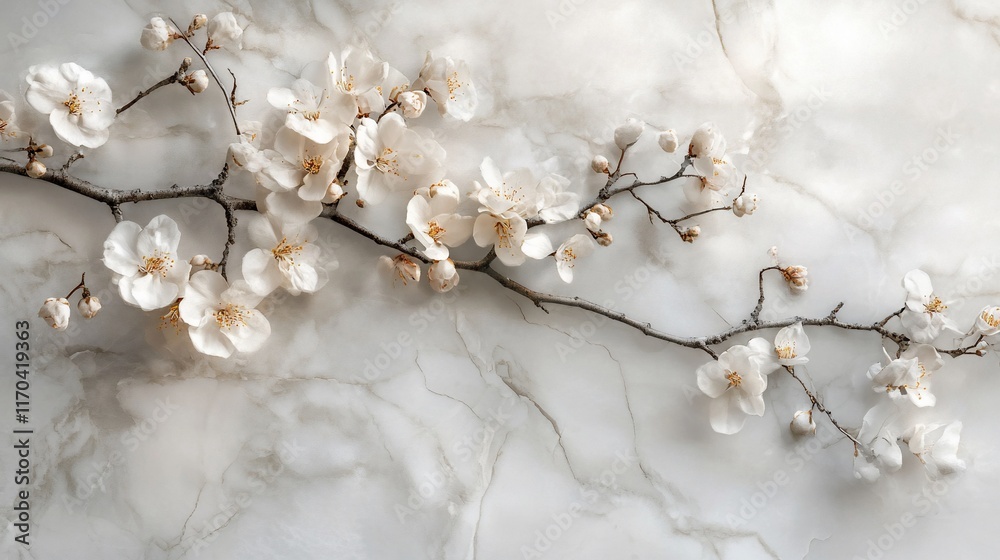 White blossoms branch marble background spring decor White blossoms branch marble background spring decor